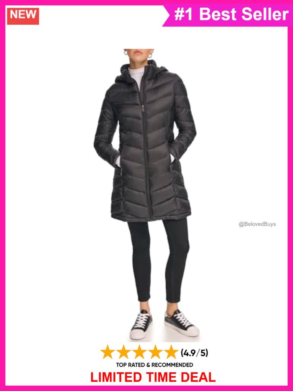 Chevron Quilted Hooded Puffer Jacket Long Sleeve Zip Front